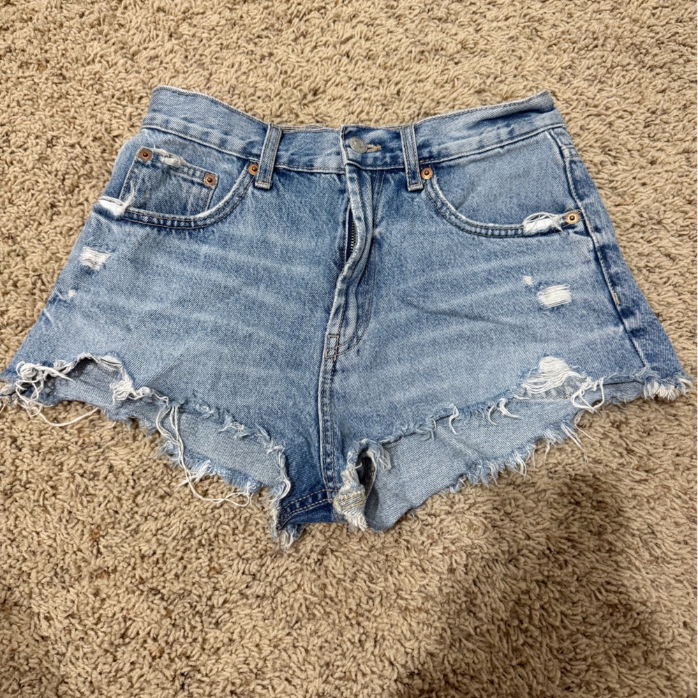 Zara Light Blue Frayed Jean Shorts